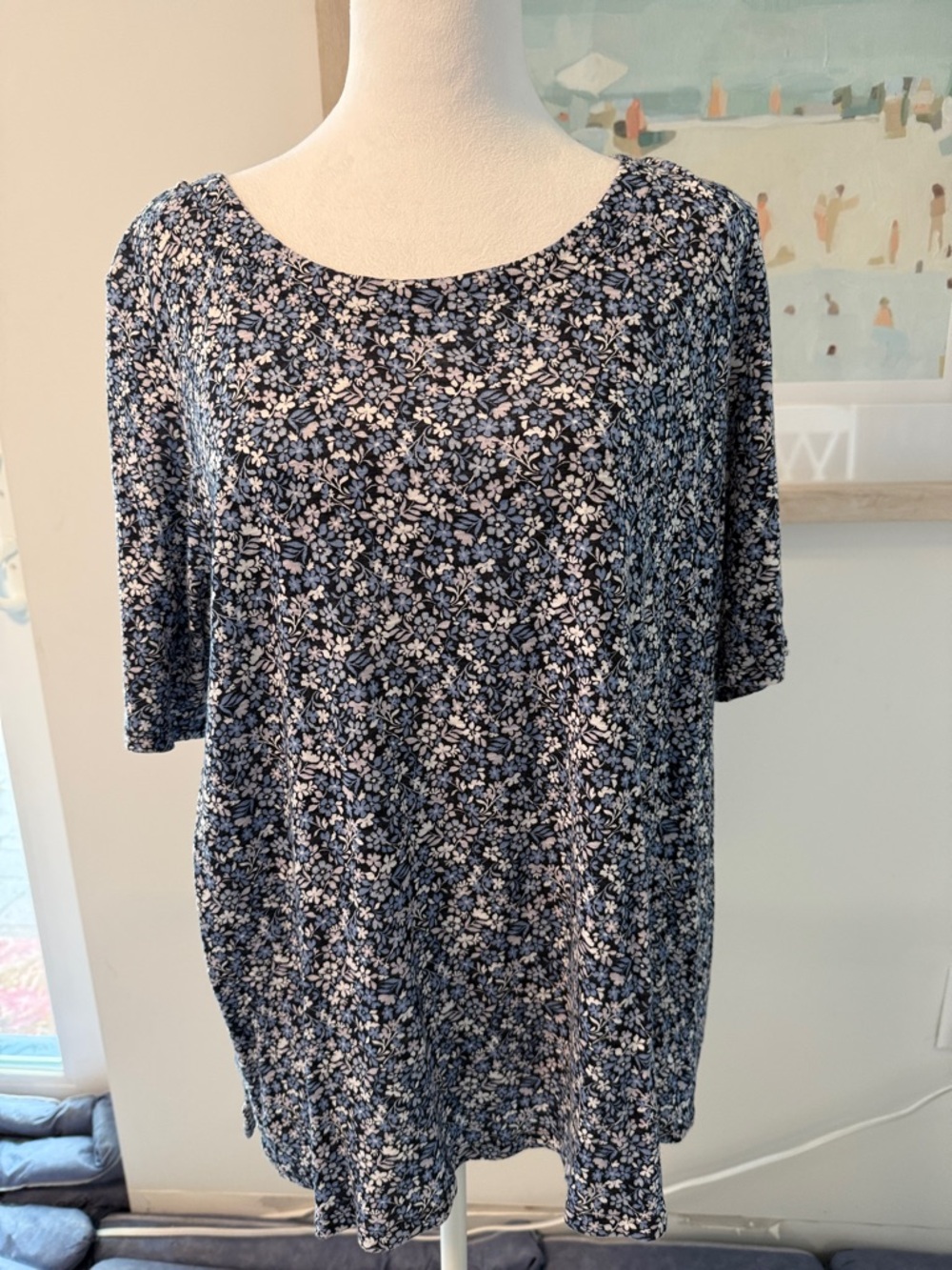 J. Jill Navy and White Floral Short Sleeve Tee Size Large
